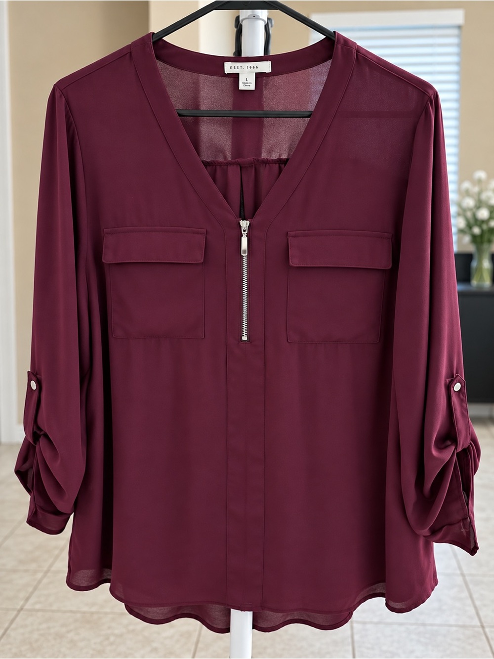 Wit & Wisdom Burgundy Zip-Front V-Neck Tunic